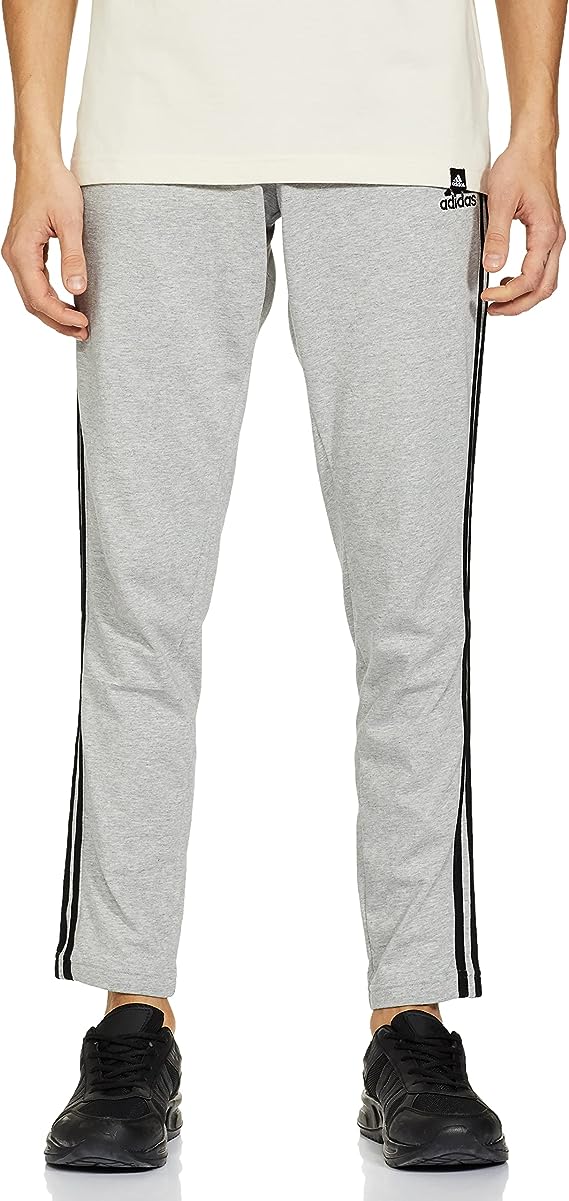 adidas  pantaloni essentials single jersey tapered open hem 3-stripes grigio uomo