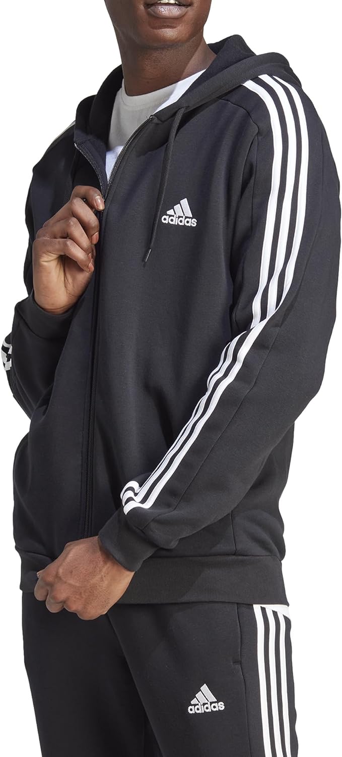 adidas felpa con cappuccio essentials fleece 3-stripes full-zip black uomo